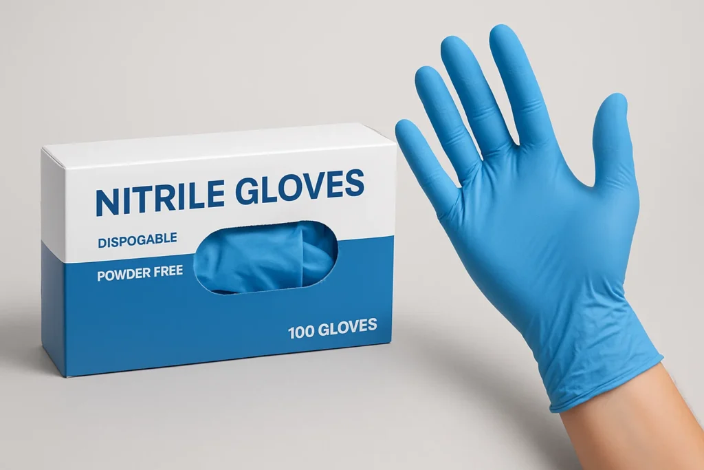 A box of blue nitrile gloves – powder-free, latex-free disposable gloves ideal for medical, cleaning, and food handling tasks