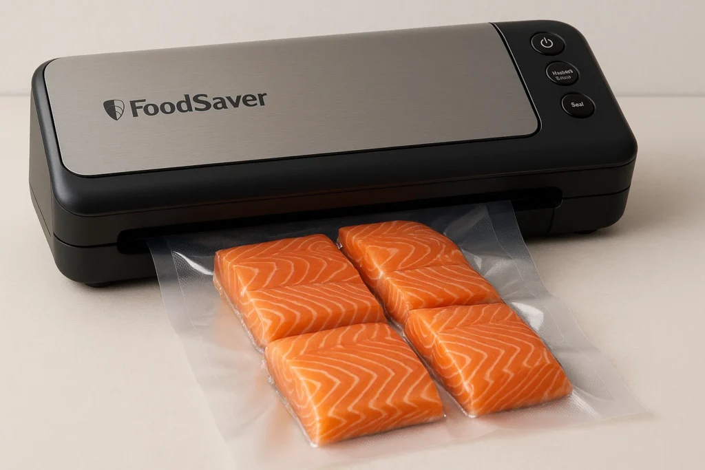 White FoodSaver compact vacuum sealer with bags and roll, designed to keep food fresh up to 5x longer.